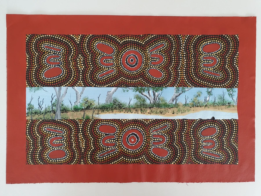 Small image for selecting a larger view of image A landscape of the swampland 
Two people are searching for bush tucker and place to stay and camp.

