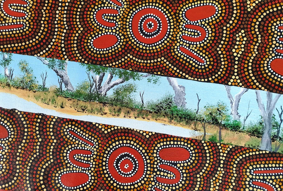 Small image for selecting a larger view of image A landscape of the swampland 
Two people are searching for bush tucker and place to stay and camp.
