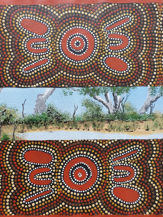 Small image for selecting a larger view of image A landscape of the swampland 
Two people are searching for bush tucker and place to stay and camp.
